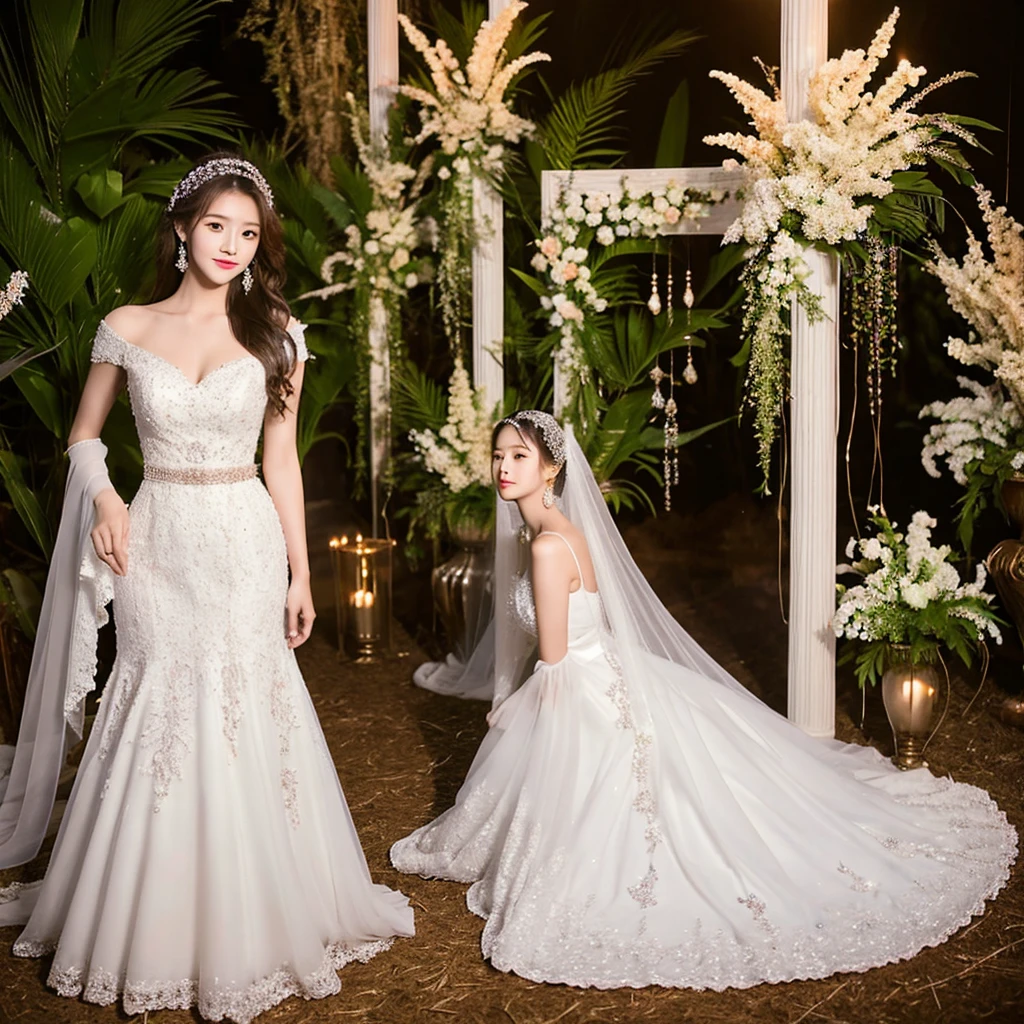 Generate an image of an extraordinarily beautiful 20-year-old Asian woman standing alone, whose beauty rivals that of a goddess of the fire element. She has large brown eyes, dark brown hair, glowing skin, and a captivating appearance. She is wearing a stunning white wedding dress that accentuates her elegance. The woman stands charmingly alone, her beauty appearing as if blessed by nature, in a very romantic and lovely aisle adorned with flowers and soft lighting, exuding a magical and serene atmosphere.