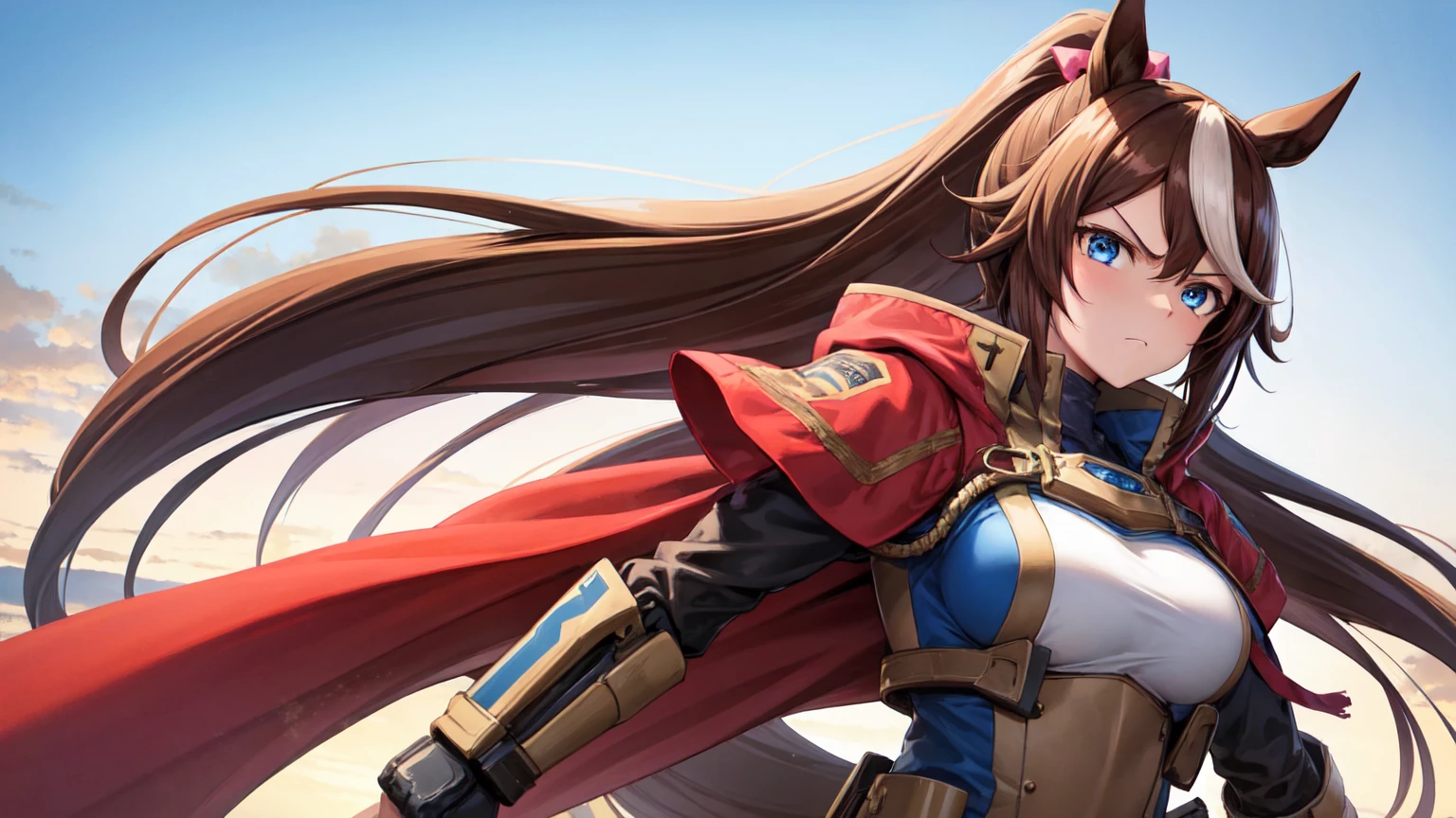 1girl,Tokai Teio, horse ears, brown hair, long hair, high ponytail, streaked hair, multicolored hair, blue eyes, big breast, mecha musume, mechanical wing, serious face,