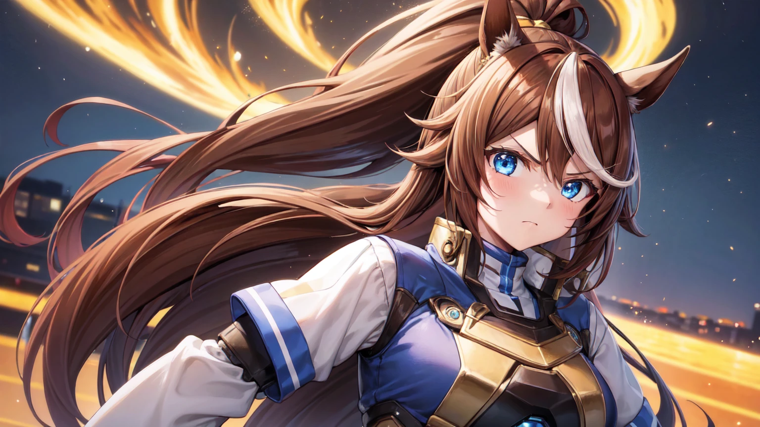 1girl,Tokai Teio, horse ears, brown hair, long hair, high ponytail, streaked hair, multicolored hair, blue eyes, big breast, mecha musume, mechanical wing, serious face,