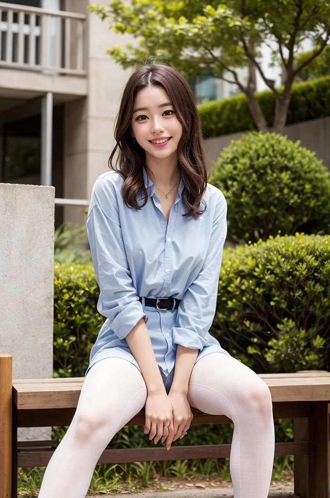 ulzzang-6500-v1.1, (Highest quality: 1.3), (masterpiece: 1.3), (Very detailed: 1.3), (Genuine:1.4), (masterpiece), １woman、sunlight、Quiet park bench、spring fashion、Wearing ultra-realistic pantyhose、pumps、amazingly beautiful woman、A kind smile、Romantic love sensation、sense of exaltation、enjoy、Filled with joy、Lots of fun、