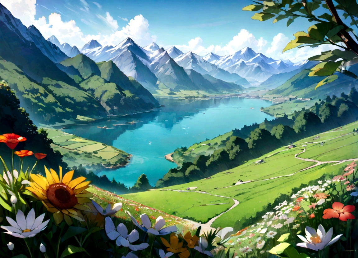 photograph、Asahi、Fresh green in summer、Great view、mountains、Genuine、detailed、color、High resolution、超detailed