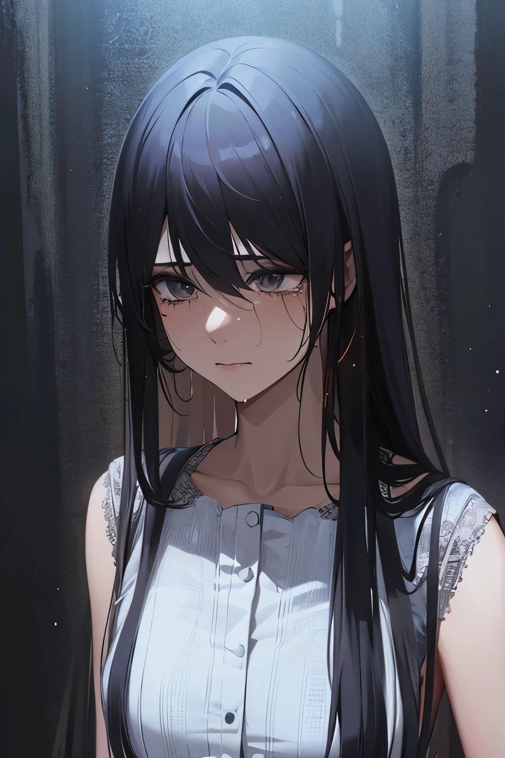 Anime girl with long black hair and a gray shirt - SeaArt AI
