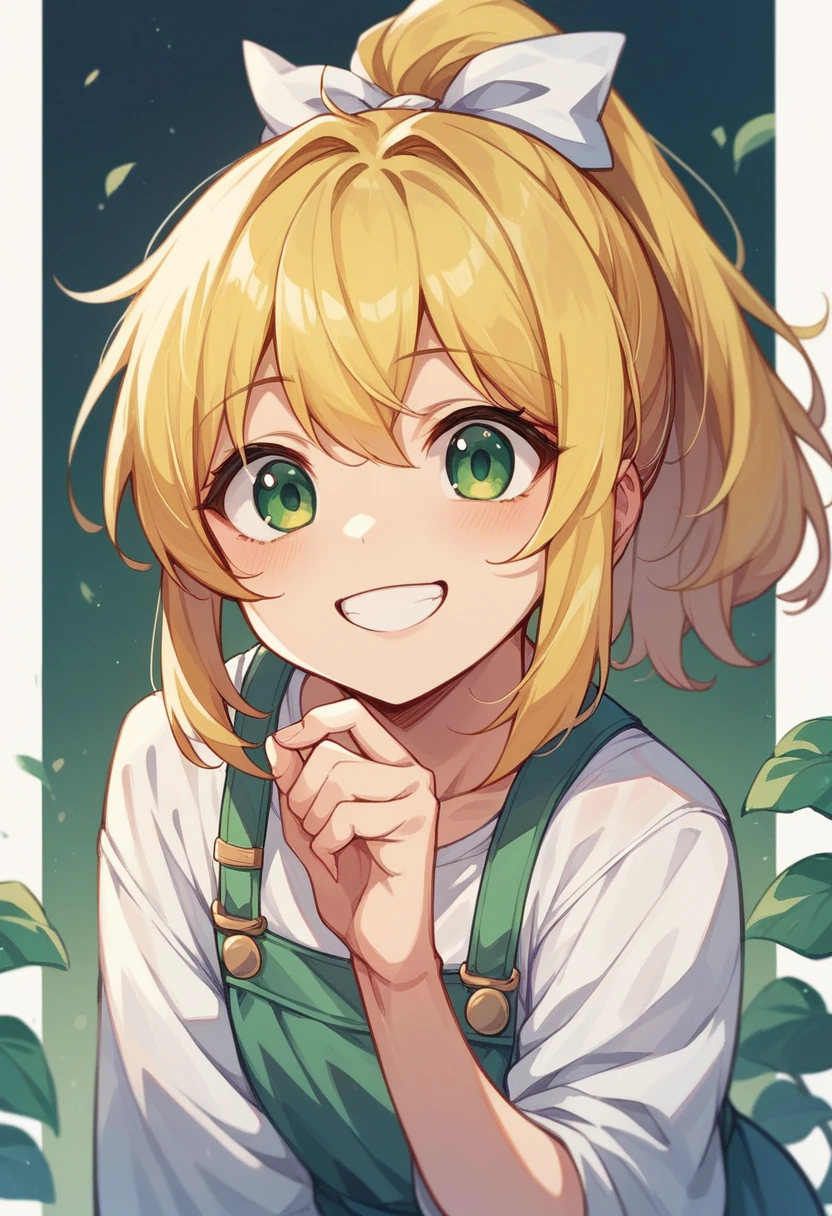 Highest quality、Super detailed、Yellow Hair、had green eyes、1 smiling cute anime girl、White ribbon、ponytail