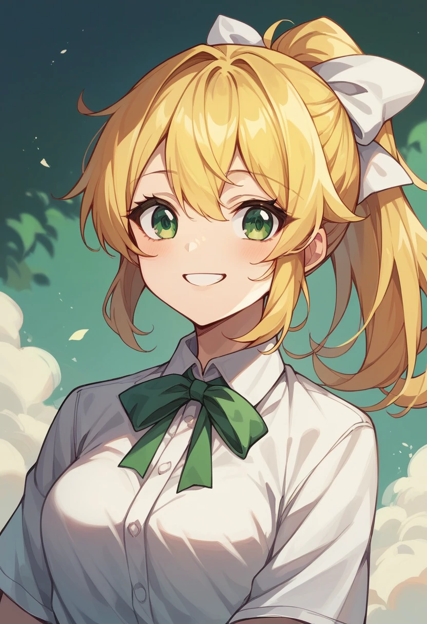 Highest quality、Super detailed、Yellow Hair、had green eyes、1 smiling cute anime girl、White ribbon、ponytail