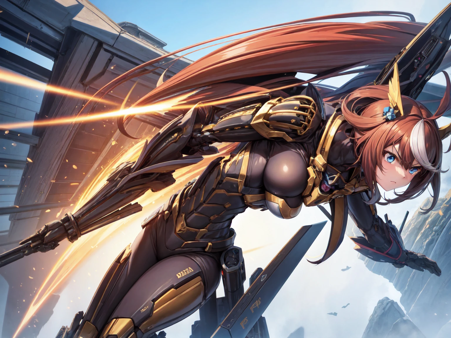 Apenas a uma bela mulher, usando traje mecha+armadura medieval+Samus Aran black costume with gold metal parts, cabelo azul, cabelo extremamente curto, cabelo com franja na frente dos olhos, helmet on the head, olhando para o espectador, (((Extroverted pose interacting and leaning on something))), em uma cidade, Vehicles, maquinas, monstros, grandes estruturas, fundo de bela paisagem com o por do sol, ((full body):1.5) ,((Super Metroid)), 16k, UHD, best possible quality, ((ultra detailed):1), best possible resolution, Unreal Engine 5, professional photography, perfect_hands