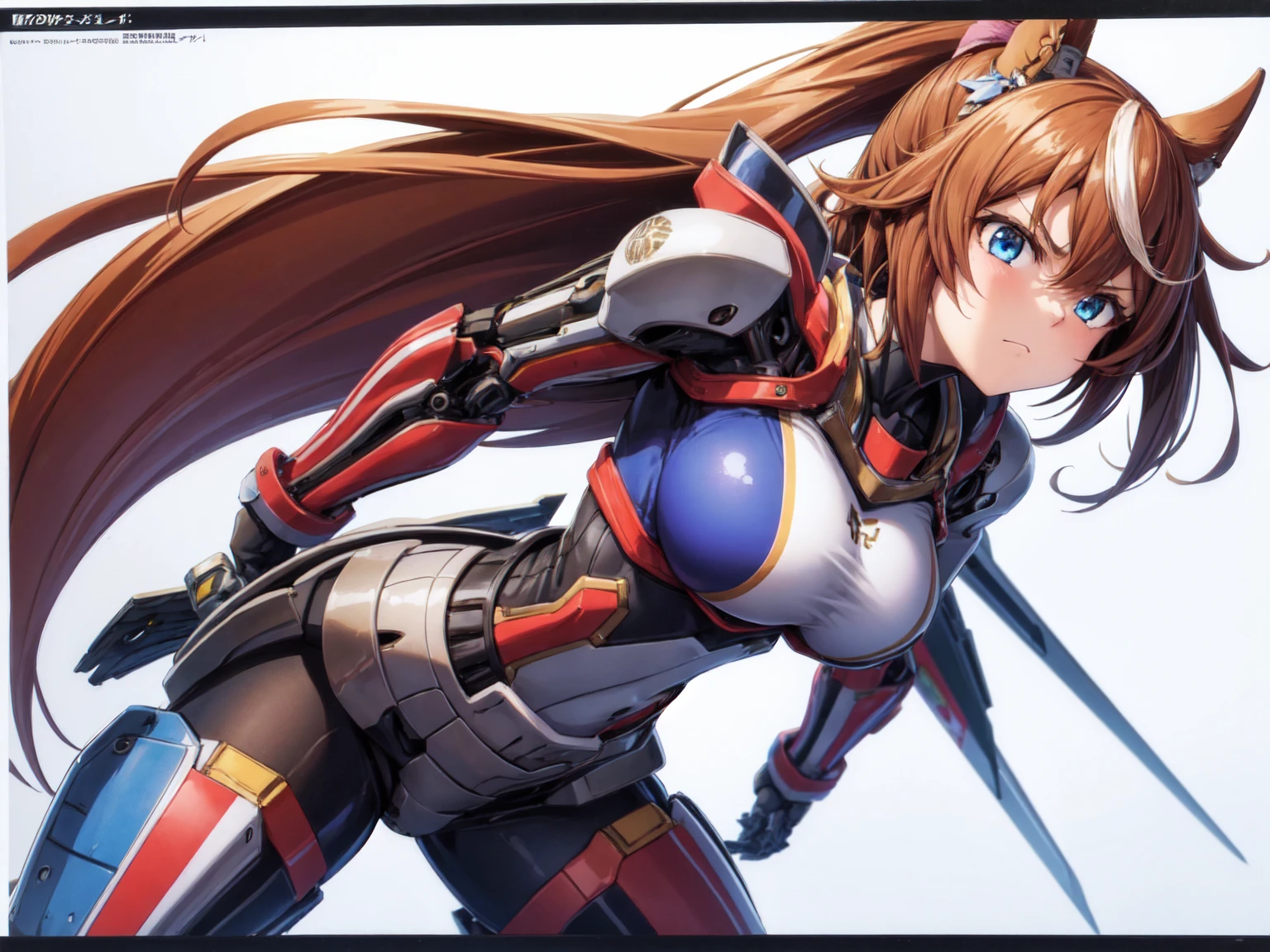 1girl, Tokai Teio, big breast, mecha musume, mechanical wing, serious face,