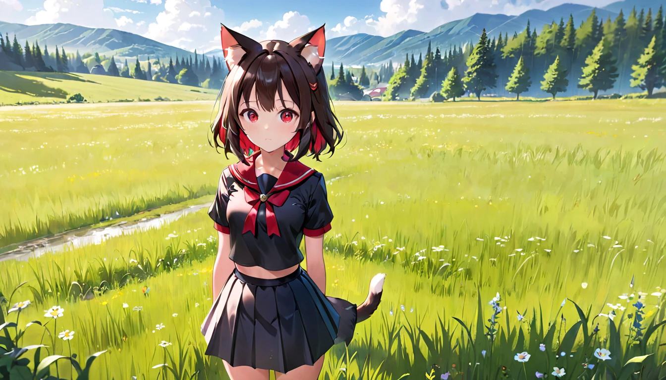 A cat-eared girl with modest chest, with mesmerizing eyes, wearing a black and red uniform-like outfit with a skirt, standing in a meadow.