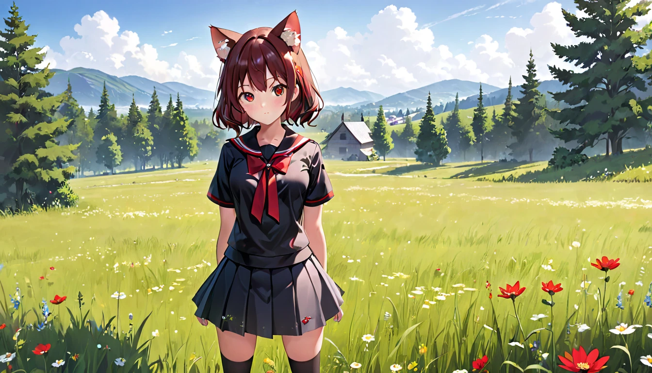 A cat-eared girl with modest chest, with mesmerizing eyes, wearing a black and red uniform-like outfit with a skirt, standing in a meadow.