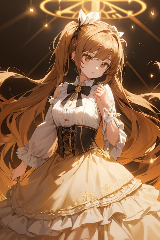 A brown-eyed aristocratic girl with long golden twin tails、Glamorous Dress、arrogant attitude、Fantasy World、Magic School