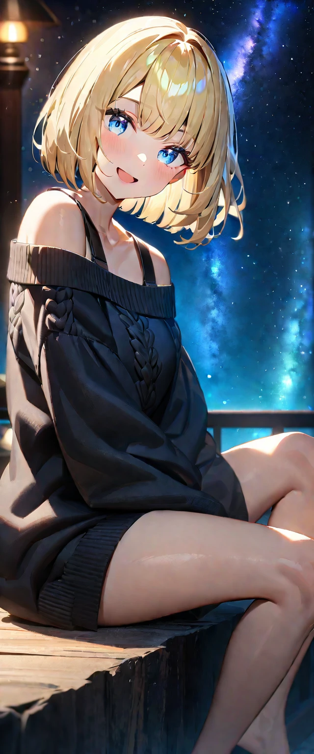 ((stick out tongue)), ((off-shoulder sweater:1.3, Quite thick shoulder straps)), ((black sweater)), ((Aran sweater)), (((bare legs))), from side, ((((upper body)))), ((Leaning to side)), (((a beautiful starry sky, the Milky Way shining beautifully in the night))), ((sitting on the very high cliff)), wavy hair, inward curled hair, sea, ((blond hair, bob cut:1.3)), breasts, ager, (looking at viewer), oversized clothes, puffy long sleeves, collarbone, head tilt:1.3, (((blue eyes))), happy smile, (((anime style))), (best quality, 4K, 8K, highres, masterpiece:1.2, ultra-detailed, ultra-detailed eyes, HDR, uhd, studio lighting, ultra-fine painting, sharp focus, physically-based rendering, extreme detail description, professional, vivid colors, bokeh)