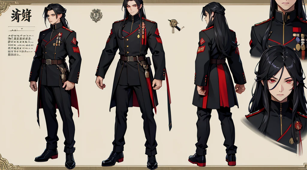 Character design sheet、boy、Smart black military uniform、Long hair to the shoulders、Detailed face、Red eyes