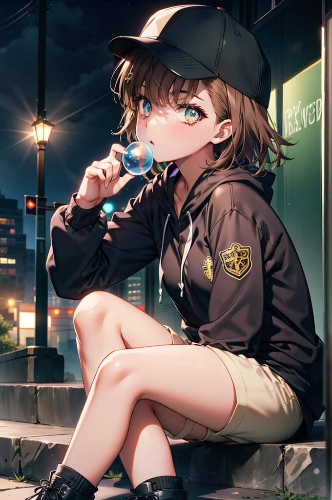 Mycotrose, Brown eyes,Brown Hair,short hair,Small breasts,Oversized black hoodie,Baseball hats,Shorts,boots,Both hands are in the pockets of the hoodie,Blowing bubble gum,Sitting on the stairs,night,moonlight,whole bodyがイラストに入るように,　　　　　　　　　　　　　　　　　 　　　break looking at viewer, whole body,　　　 　　　　　　break outdoors, Building district,　　　　　　　　　　　　　　　　　　break (masterpiece:1.2), Highest quality, High resolution, unity 8k wallpaper, (shape:0.8), (Beautiful and beautiful eyes:1.6), Highly detailed face, Perfect lighting, Highly detailed CG, (Perfect hands, Perfect Anatomy),