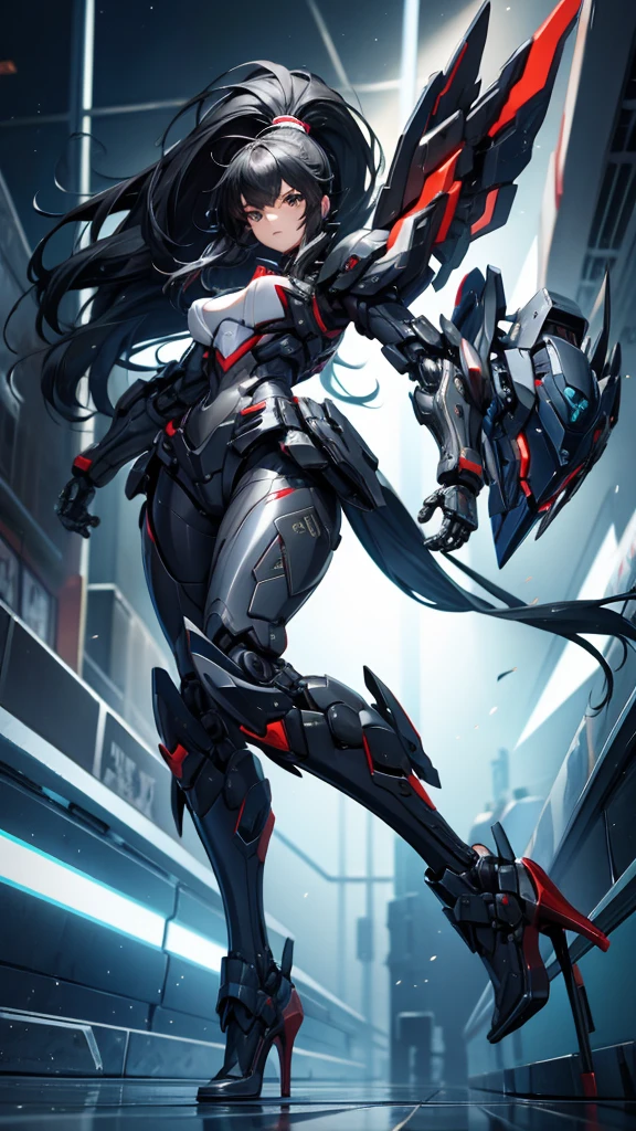 A huge mecha girl with long black hair and ponytail，Chest，Full body black armor，helmet，slim figure，robot，mechanical joint，Thruster，high heels，front，Sci-fi city