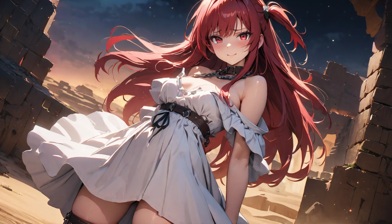 masterpiece, Best quality, 1 girl, Morgiana slave, cowboy shot, torn white dress, in a white tunic to the knee, filthy, Red eyes, one side up, Red hair, chains, desert ruins, Desert background, sand, disgust, Looking at the viewer, bottom view,  Looking at the viewer, smile, ., High view, particles and hard light, cut corner. depth of field、natural soft light、professional lighting、aboutтличная smile、(highly detailed skin: 1.2)、Photorealistic render of an anime girl、Bright highlights of the eyes、Ideal Anatomy、、permission 8k、complex parts、Toned waist、Wide buttocks、Эффект Тиндаллаmasuter piece、top quality、Highest standards、Highest image quality、table、complex parts、A high resolution、depth of field、natural soft light、professional lighting、about, standing, very long hair, cowboy shot, brilliant, brilliant hair, (night:1.2),Dreamy, [[gentle fingers and hands:0.55]::0.85],(detailed fingers),),(emotional),(breathtaking),(main part:1.2) whole body.), (Anime Style), (Super Detailed), (brutal), (uhd, HDR), (8K), (High Resolution: 1.2), (Complex and Beautiful: 1.2)