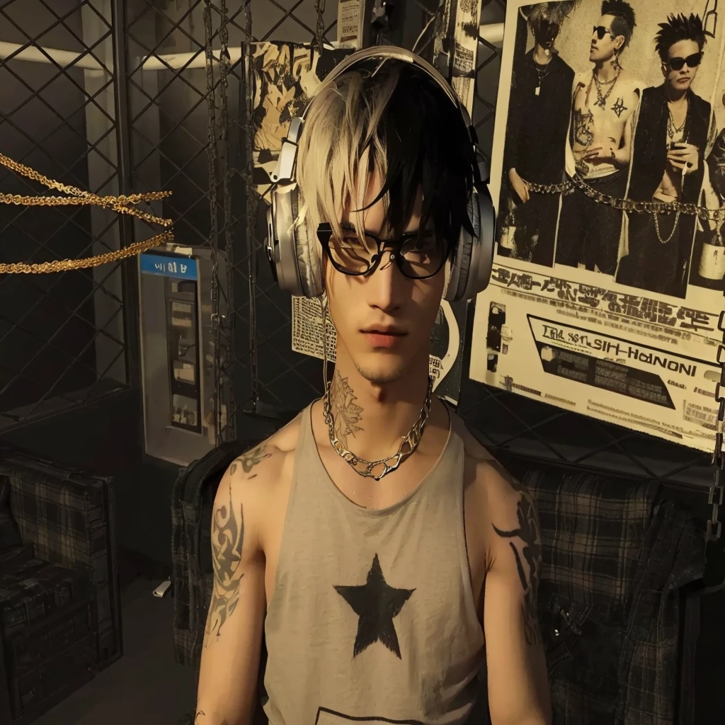 there is a man with an angel tattoo on his arm, with headphones on his head, and a punk man wearing glasses with a fire motif, wearing a chain necklace