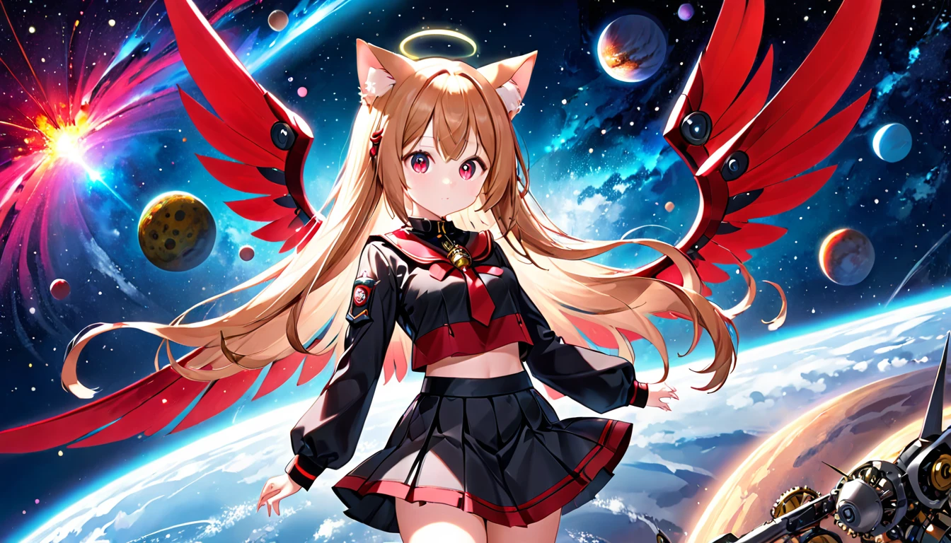 A cat-eared girl with modest chest, with mesmerizing eyes, in a black and red uniform-like outfit with a skirt, featuring mechanical wings and a cosmic background.