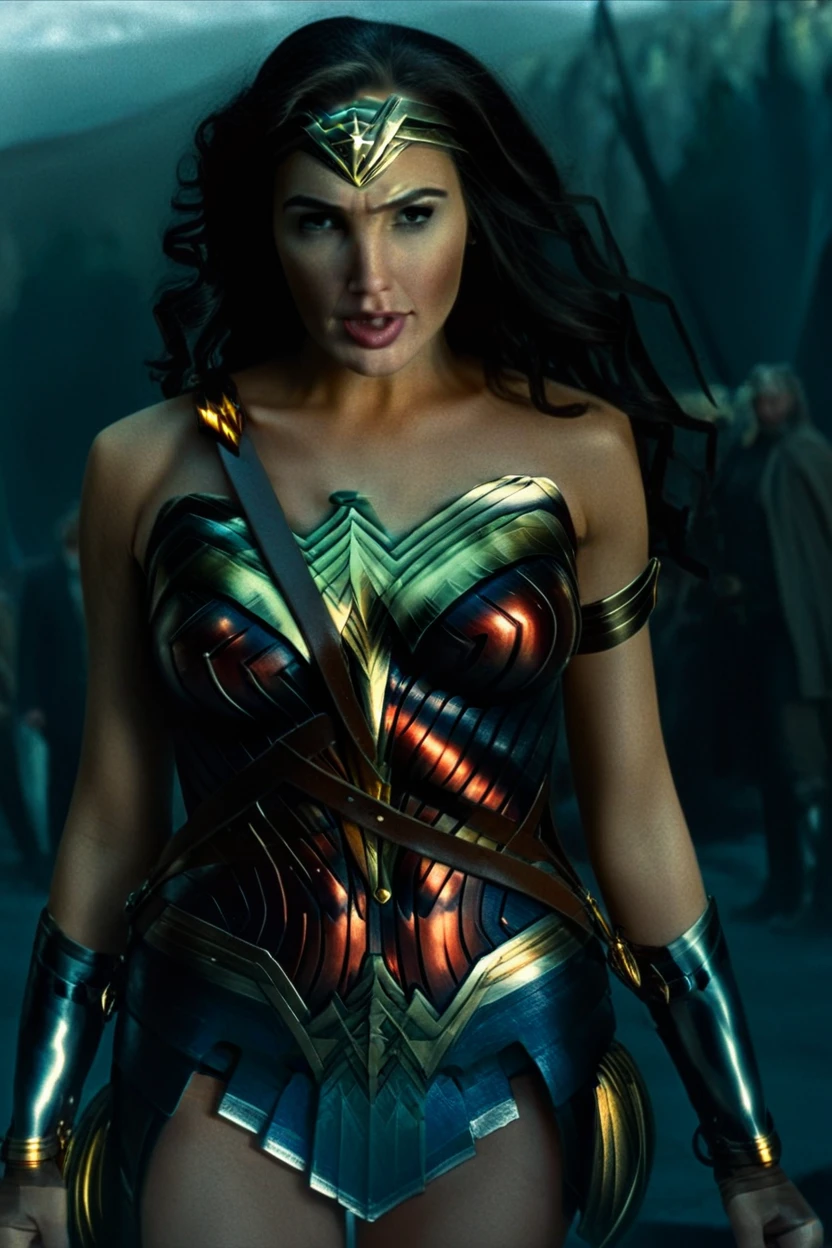 cinematic film still wonder woman soft whistle, shallow depth of field, vignette, highly detailed, high budget Hollywood movie by danny boyle, bokeh, cinemascope, moody, epic, gorgeous, film grain, grainy, black lingerie