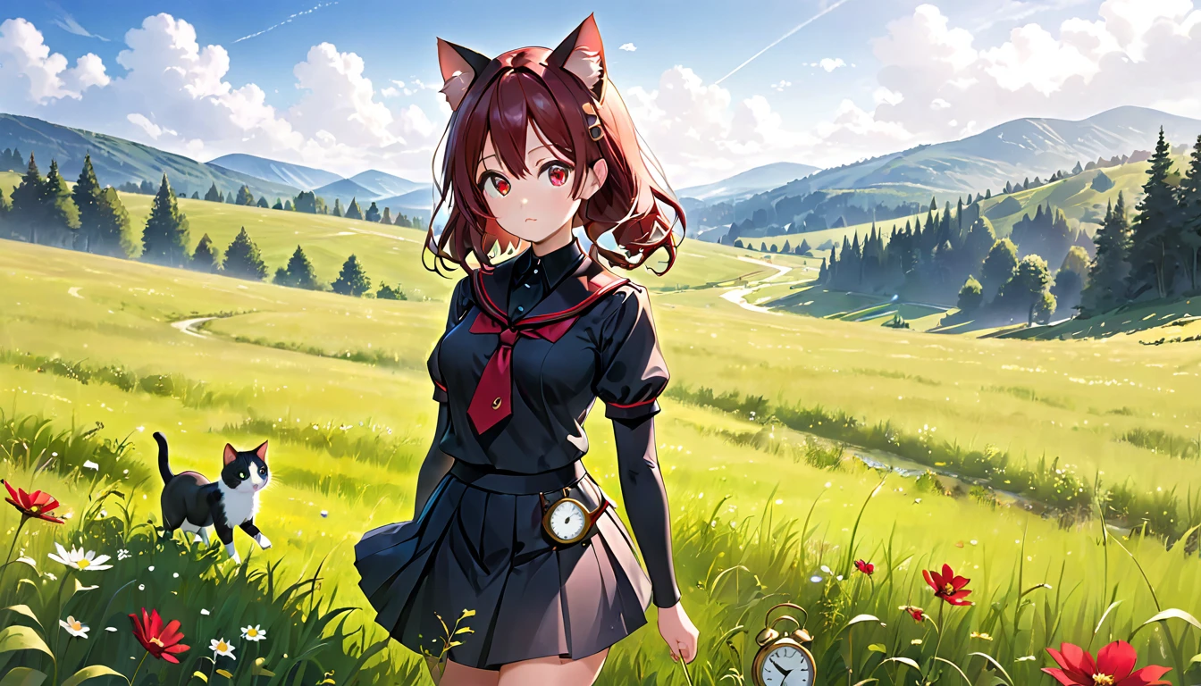 A cat-eared girl with modest chest, with mesmerizing eyes, in a black and red uniform-like outfit with a skirt, and a time-traveling clock in a meadow.