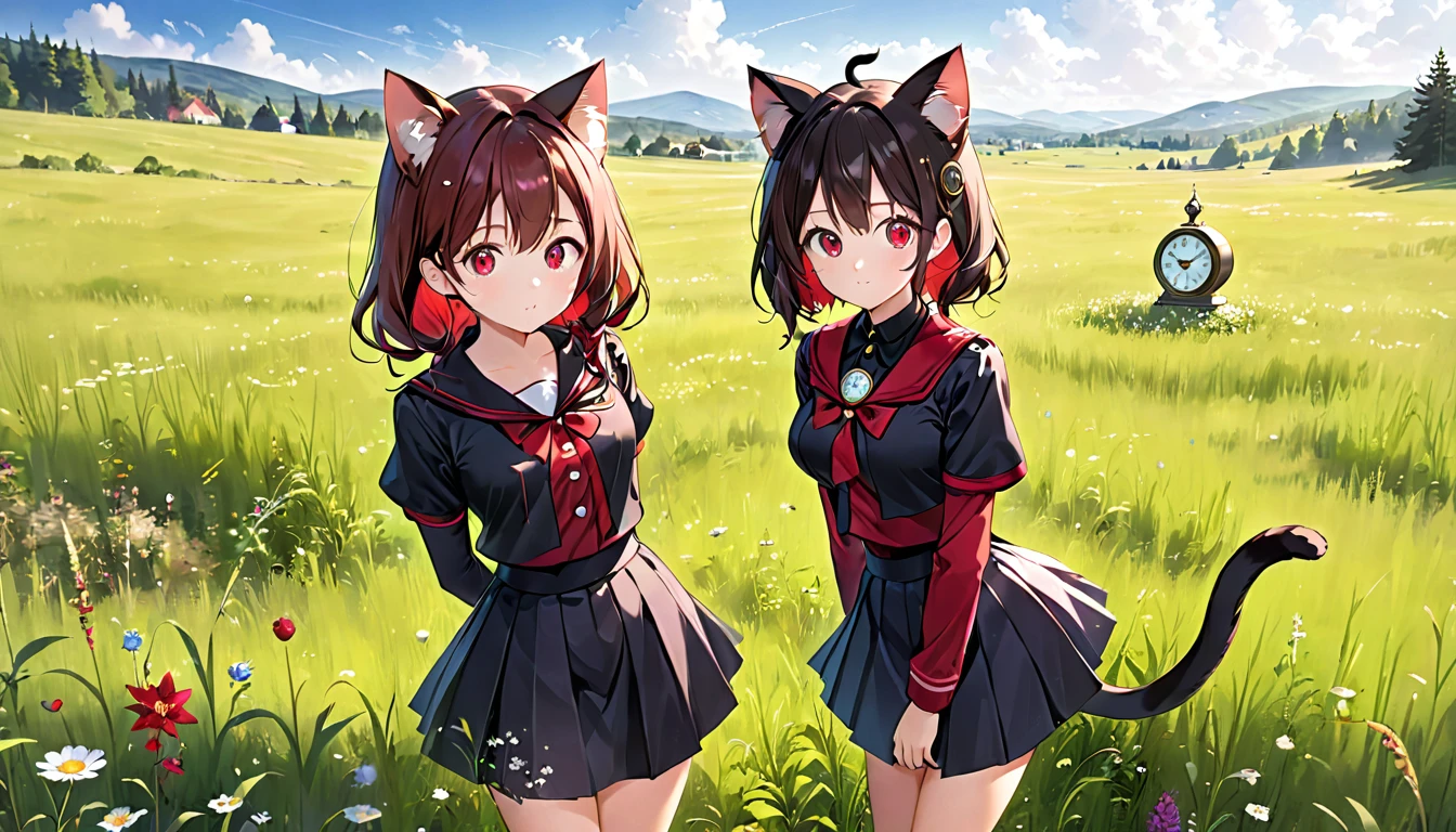 A cat-eared girl with modest chest, with mesmerizing eyes, in a black and red uniform-like outfit with a skirt, and a time-traveling clock in a meadow.
