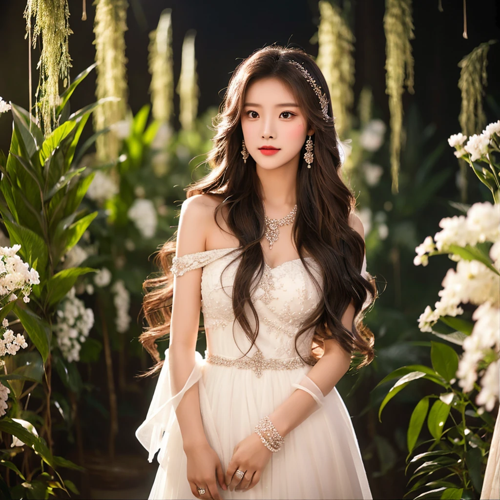 Generate an image of an extraordinarily beautiful 20-year-old Asian woman standing alone, whose beauty rivals that of a goddess of the fire element. She has large brown eyes, dark brown hair, glowing skin, and a captivating appearance. She is wearing a stunning white wedding dress that accentuates her elegance. The woman stands charmingly alone, her beauty appearing as if blessed by nature, in a very romantic and lovely aisle adorned with flowers and soft lighting, exuding a magical and serene atmosphere.