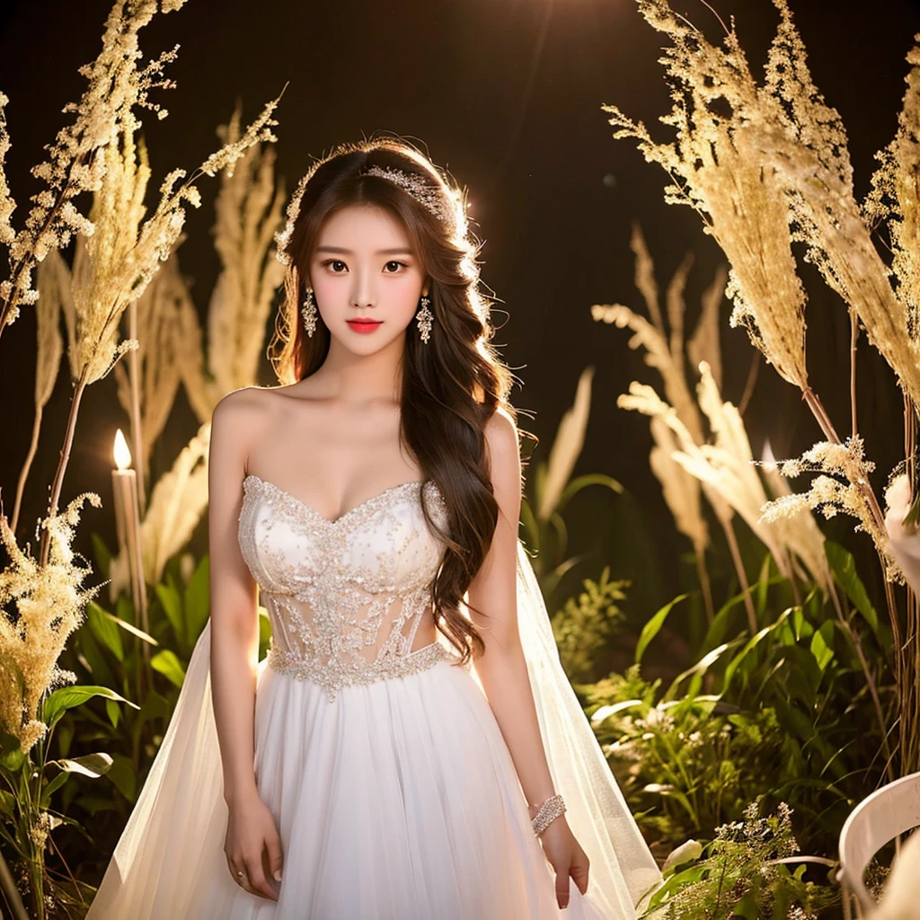Generate an image of an extraordinarily beautiful 20-year-old Asian woman standing alone, whose beauty rivals that of a goddess of the fire element. She has large brown eyes, dark brown hair, glowing skin, and a captivating appearance. She is wearing a stunning white wedding dress that accentuates her elegance. The woman stands charmingly alone, her beauty appearing as if blessed by nature, in a very romantic and lovely aisle adorned with flowers and soft lighting, exuding a magical and serene atmosphere.