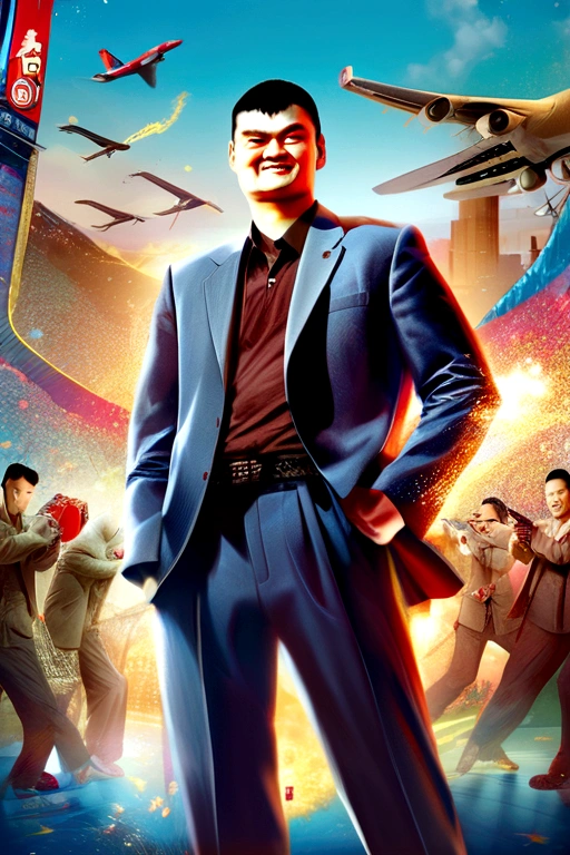 Yao Ming, Blue Background, Rockstar Game Style Epic Poster Concept Art, In a desaturated atmosphere, Features detailed character designs