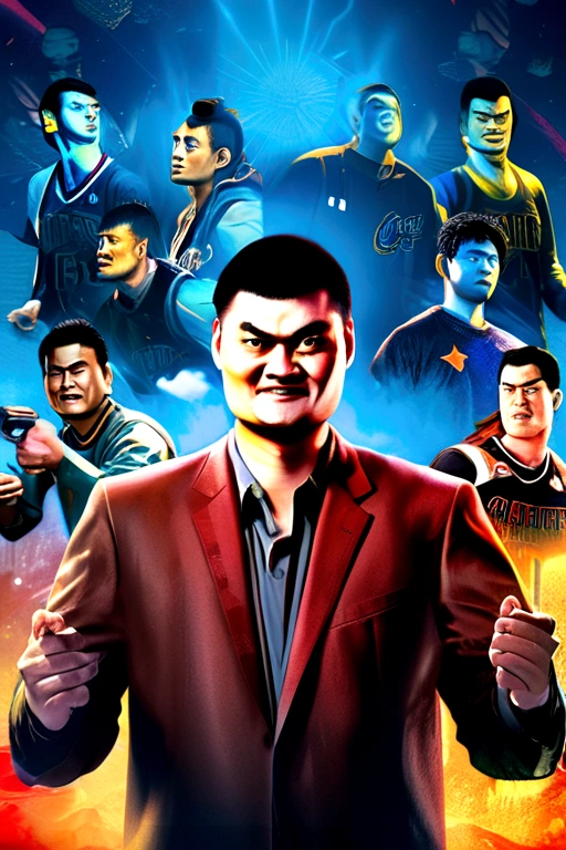 Yao Ming, Blue Background, Rockstar Game Style Epic Poster Concept Art, In a desaturated atmosphere, Features detailed character designs