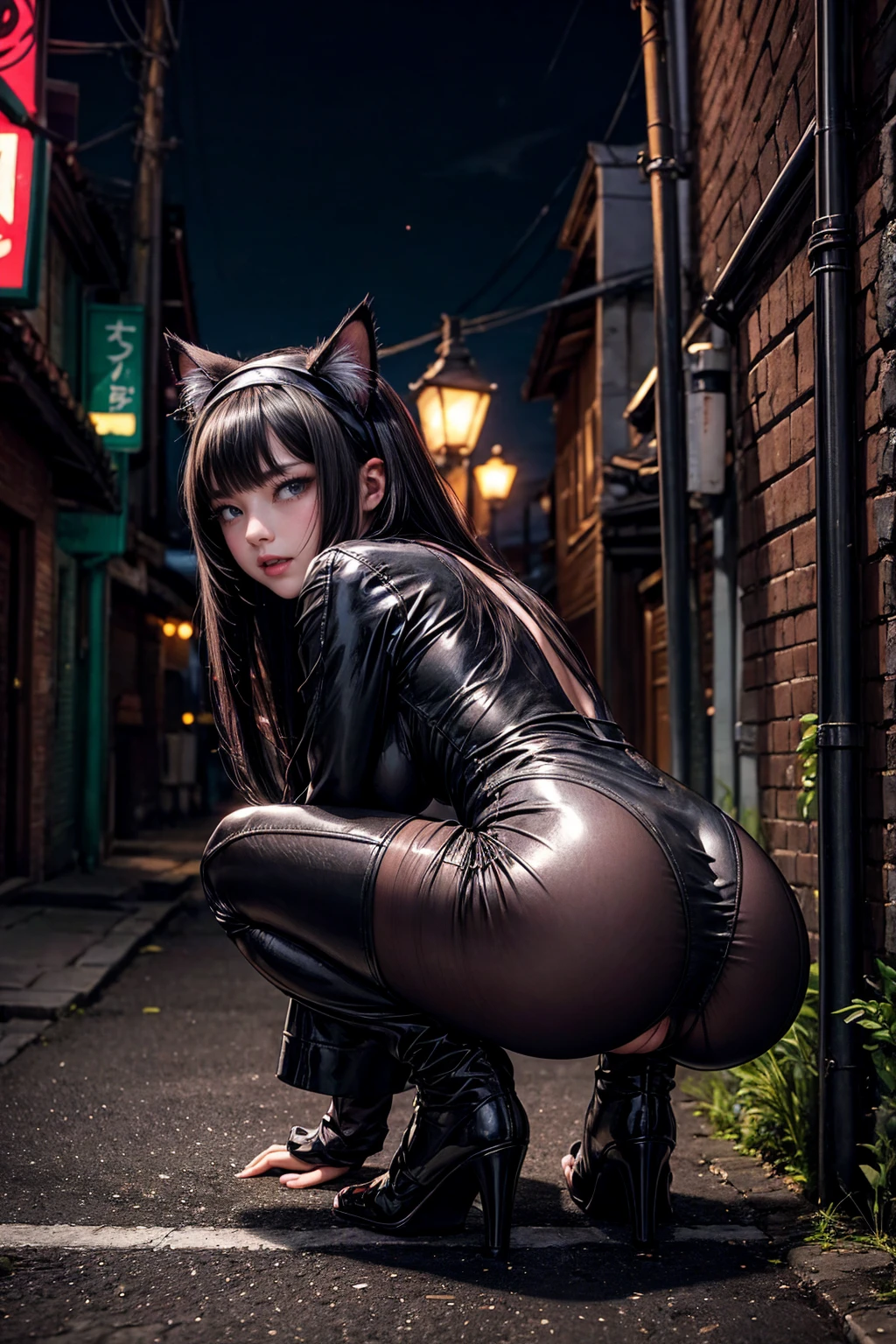 NSFW、One Girl、(20-year-old woman)、Cat ears headband、Anal plug in the anus、Anal plug with cat tail、Black enamel high leg suit、Ultra-thin suit、Skin is transparent、squat、Cat Pose、Black cat、City、Back alley at night、Green Eyes、Beautiful eyes、Laugh with fangs out、Faces aiming for prey、View from below