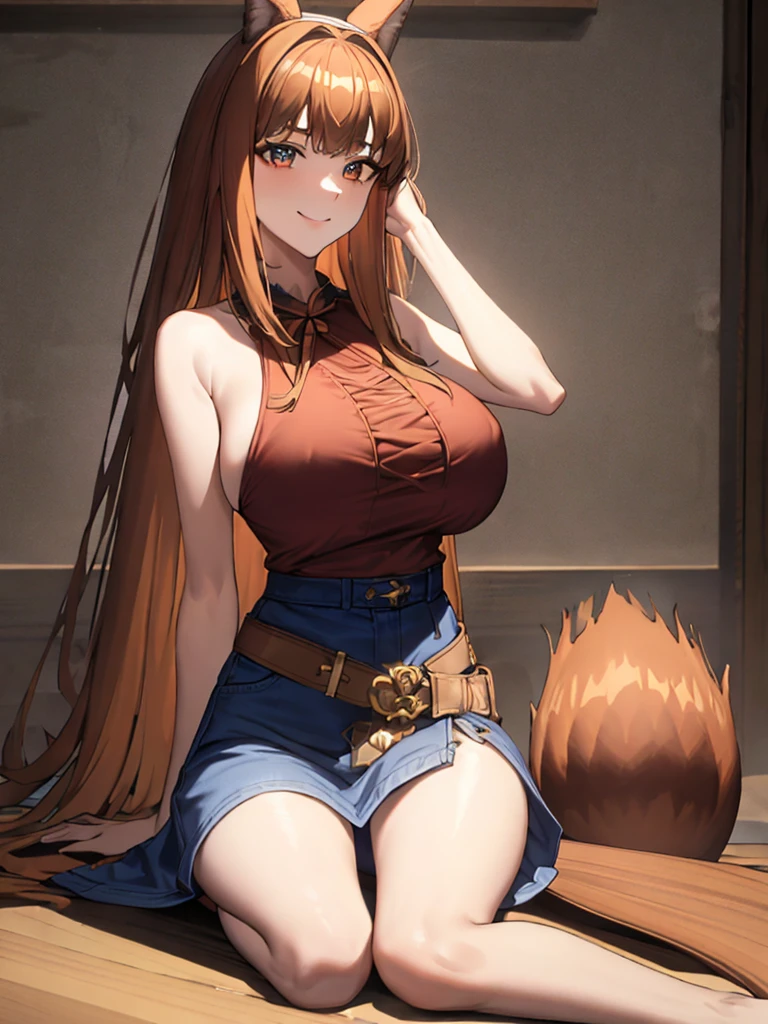 masterpiece, highest quality:1.2), holo, alone,Are standing_Split, (Sitting pose), Long Hair, Brown Hair, Dog ears, smile, (Big huge Melonen massive larger Breasts:1.2), White Lingerie blue denim mini skirt, A bushy tail grows from its waist., 