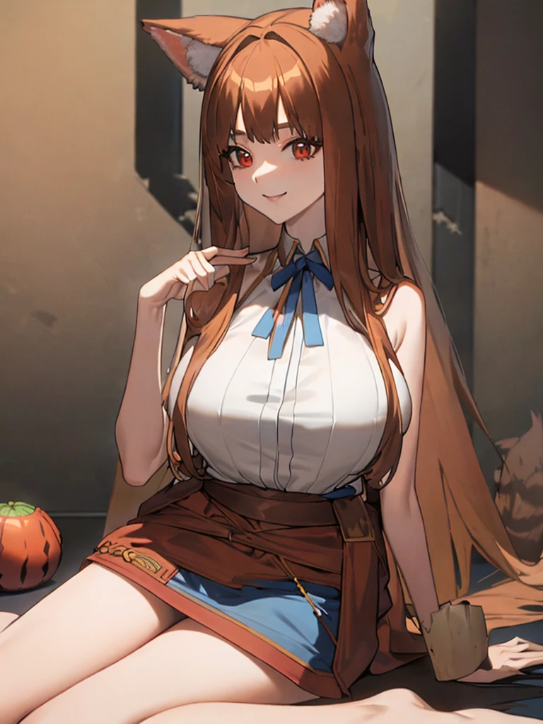 masterpiece, highest quality:1.2), holo, alone,Are standing_Split, (Sitting pose), Long Hair, Brown Hair, Dog ears, smile, (Big huge Melonen massive larger Breasts:1.2), White Lingerie blue denim mini skirt, A bushy tail grows from its waist., 