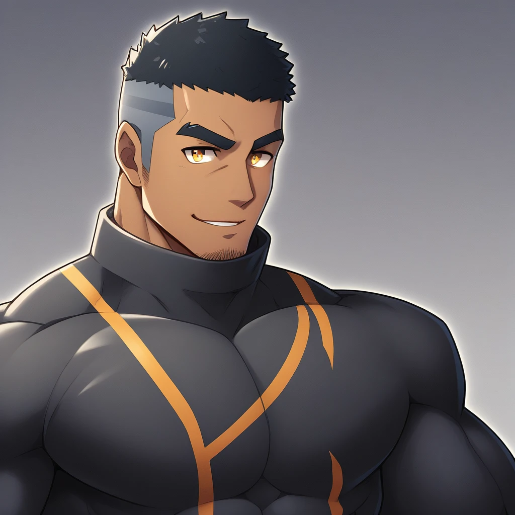 anime characters:Gyee, Muscle Sports Student, negro black skin, 1 dark skin muscular tough guy, Manliness, male focus, Dark grey high collar long sleeve wetsuit, Matte texture, Very tight, Round, full and perky chest muscles, Slightly transparent, muscular male, muscular, only, Upper body, alone, Black short hair, Thick eyebrows, stubble, Yellow eyes, Grey background, simple background, amazing quality, best aesthetics, Ridiculous, bright pupils, crew cut, parted lips, seductive smile, torogao, naughty face, best quality