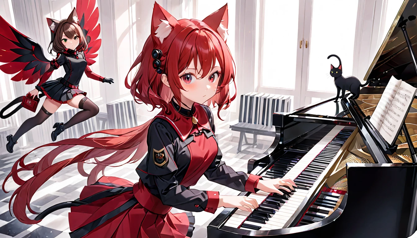 A cat-eared girl with modest chest, with mesmerizing eyes, wearing a black and red uniform-like outfit with a skirt, playing a piano with mechanical wings.