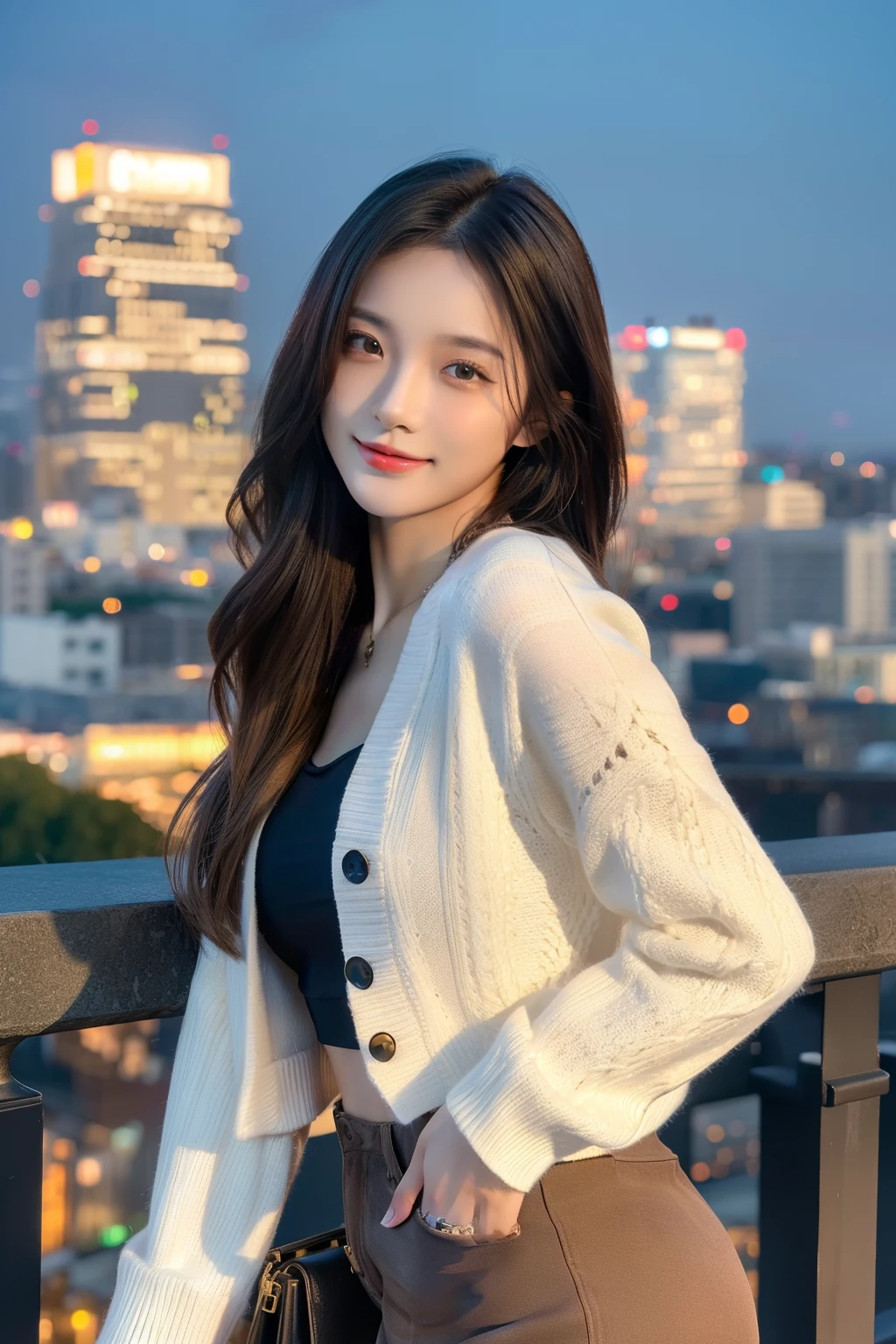 (Transcendental beauty:1.2), Modeled, Age 25, Cute face, The best smile, Gravure photos for fashion magazines, masterpiece, Highest quality, Award-winning works, ((High resolution)), ((Highly detailed CG Unity 8k wallpaper)), Great Skin, (Random Hairstyles), Perfect body line, Slender body, Famous brand clothes, Autumn outfit, Classy and fashionable atmosphere, captivating and mesmerizing, Sexy Girl, Stand against the backdrop of the city skyline, Autumn glow