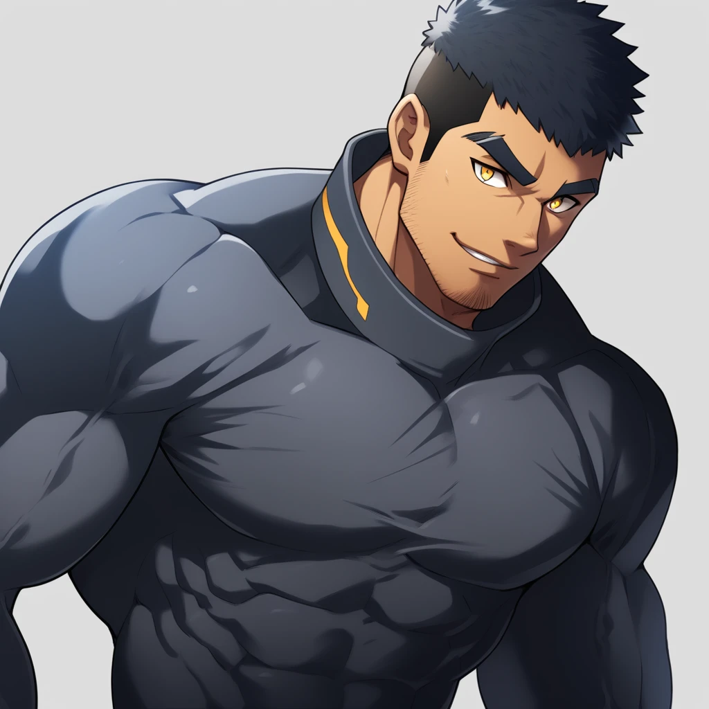 anime characters:Gyee, Muscle Sports Student, ????? black skin, 1 dark skin muscular tough guy, Manliness, male focus, Dark grey high collar long sleeve wetsuit, Matte texture, Very tight, Round, full and perky chest muscles, Slightly transparent, muscular male, muscular, only, Upper body, alone, Black short hair, Thick eyebrows, stubble, Yellow eyes, Grey background, simple background, amazing quality, best aesthetics, Ridiculous, bright pupils, crew cut, parted lips, seductive smile, torogao, naughty face, best quality