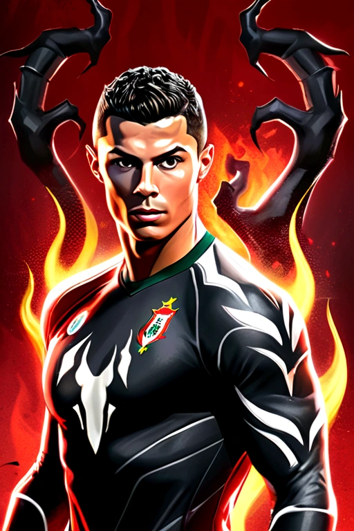 Cristiano Ronaldo in Portugal jersey with black symbiote claws, Red fire background, Rockstar game style epic poster concept art, stylized in dark grey and light red in a desaturated atmosphere, with detailed character design