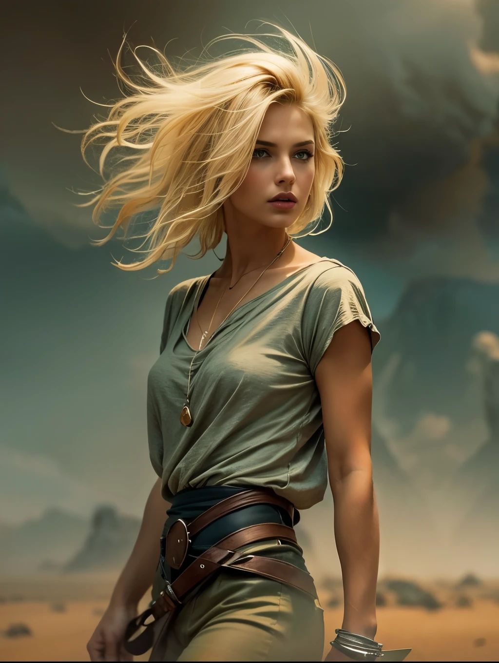 (masterpiece), cartoon, best quality,(photo_(medium):1.0), by Antonio J. Manzanedo, by Jeremy Lipking, lightning, in a surreal Martian landscape, (sand storm).painting style with watercolor, Brushstrokes, black eyes,colorful,vibrant colors,1 ultra hot gorgeous European woman. Blonde hair. Casual clothes.