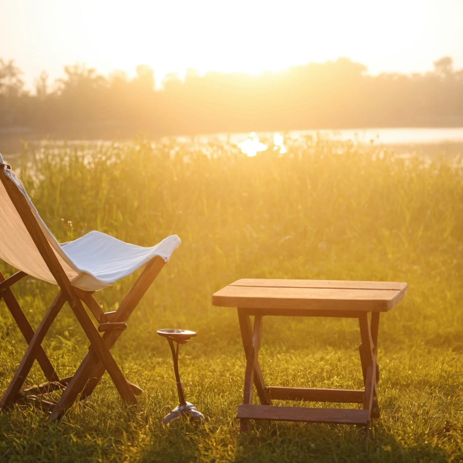 There is a chair and a table on the grass by the water, Summer environment, Summer lake view, Week setting, Summer Afternoon, relaxing environment, Relaxed atmosphere, Prime hour in the morning, Peaceful environment, Sunny morning, summer morning light, Warm and beautiful scene, Sunny atmosphere, sunny morning light, afternoon hangout, Outdoor Environment, sunny environment, Peaceful atmosphere, Golden hour sunlight