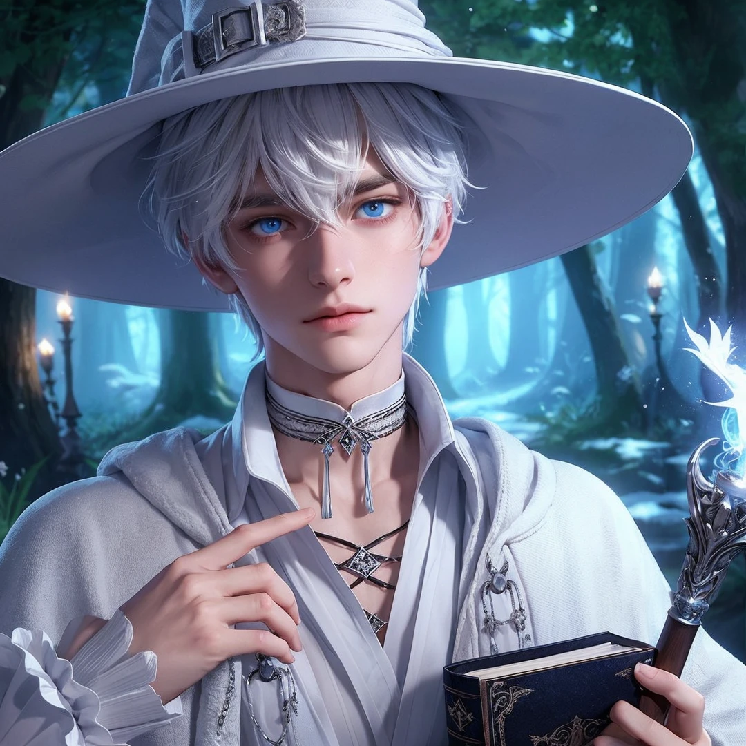 Handsome boy, white hair, blue eyes, wearing white witch hat, wearing white witch clothes, holding a white magic book, magic forest background
