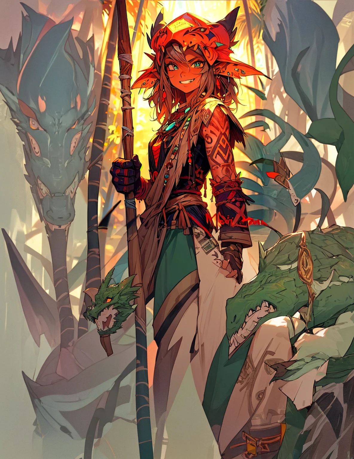 Elf, tanned skin, tattooed hand, dragon head as a headdress, full height