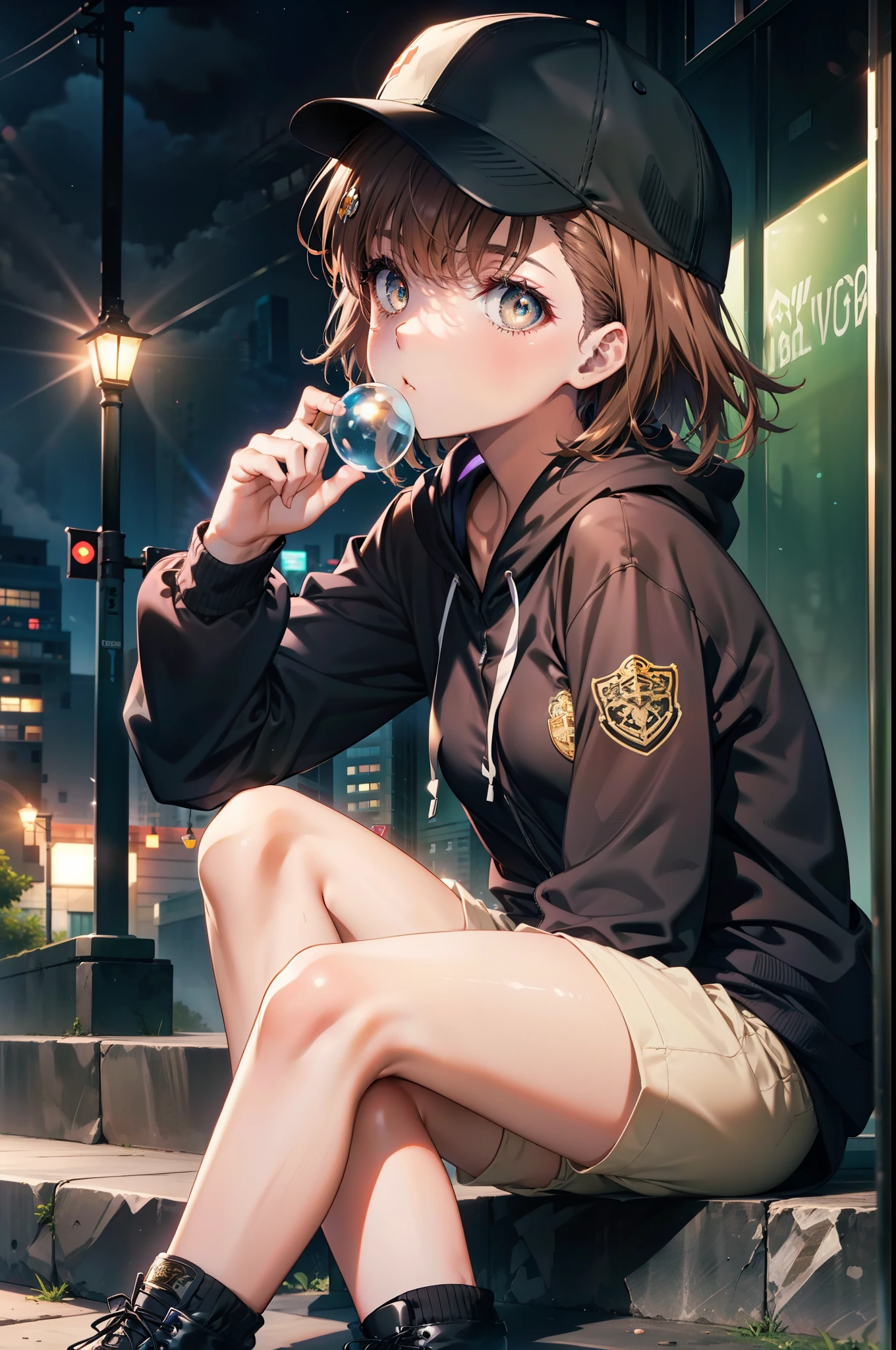 Mycotrose, Brown eyes,Brown Hair,short hair,Small breasts,Oversized black hoodie,Baseball hats,Shorts,boots,Both hands are in the pockets of the hoodie,Blowing bubble gum,Sitting on the stairs,night,moonlight,whole bodyがイラストに入るように,　　　　　　　　　　　　　　　　　 　　　break looking at viewer, whole body,　　　 　　　　　　break outdoors, Building district,　　　　　　　　　　　　　　　　　　break (masterpiece:1.2), Highest quality, High resolution, unity 8k wallpaper, (shape:0.8), (Beautiful and beautiful eyes:1.6), Highly detailed face, Perfect lighting, Highly detailed CG, (Perfect hands, Perfect Anatomy),