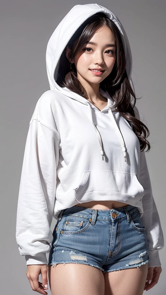 Realistic, masterpiece, Highest quality, Highest Resolution, Anatomically correct, Accurate Anatomy, (Gray blank background:1.3), (1girl:1.3), 20-year-old, Height: 165cm, Shot from thigh up, (Thick thighs:1.2), (Long Hair, Straight Hair, Silver Hair:1.3), (Squint your eyes, Sharp Eyes, (Iris:1.2)), (Hidden eyelid wrinkles:1.2), Thin eyebrows, Draw eyelashes carefully, Natural Makeup, Chin up, Grin, Slightly to the side, (White hoodie and denim hot pants:1.3)