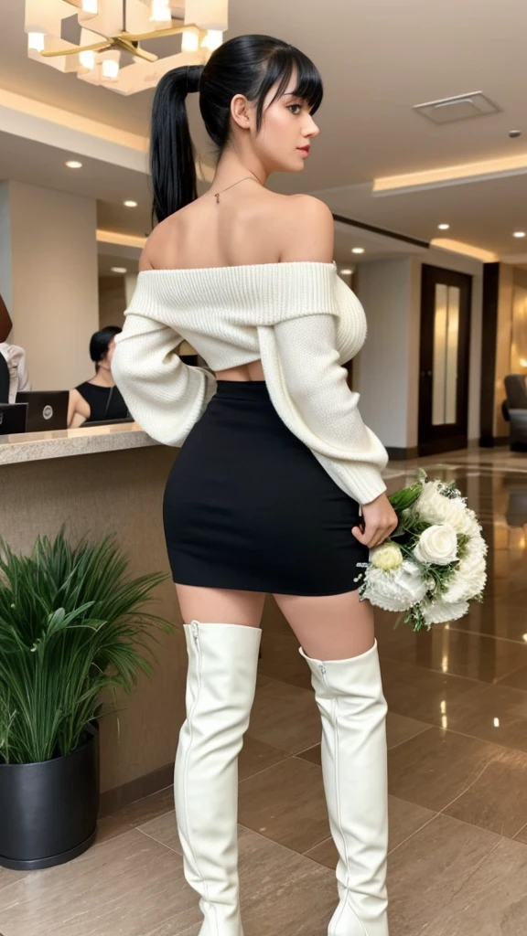 1girl in, age19, Solo,black hair in ponytail with bangs  Colossal tits, facing the camera , back view,  Full body, off shoulders, white sweater crop top,high waisted pleated short tight skirt Realistic, showing sexy thighs,A sexy light skin girl mixed girl,hotel lobby, night out, white thigh high boots heels, holding big bouquet of flowers, hooves earrings, round pretty face, soft jawline 