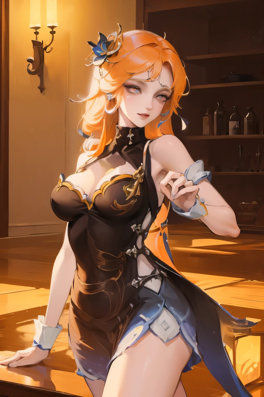 (masterpiece:1.4), (best quality:1.4), fantasy, extremely detailed, complex, Hyper Detailed, illustration,Soft lighting, 1 Girl, Orange Hair_flower, skirt, bending_Exceed , Grin, (perfect_Face), 