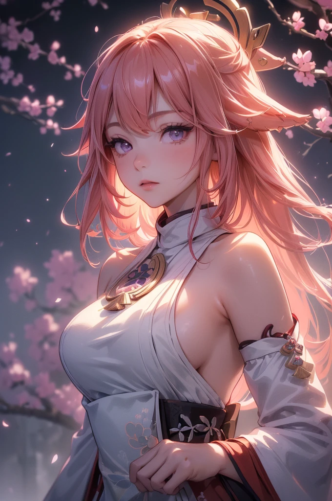 ((yaemikodef)):1.5, ((masterpiece,Highest quality,Highly detailed images,Beautiful images、Dutch Angle)), (In front of the cherry tree、Close-up image of yaemiko、Overall dim lighting、Backlight、Strong backlighting、Fantastic dark atmosphere、Thick Fog、Dust flutters),(Dynamic pose)1.2, sideboob
