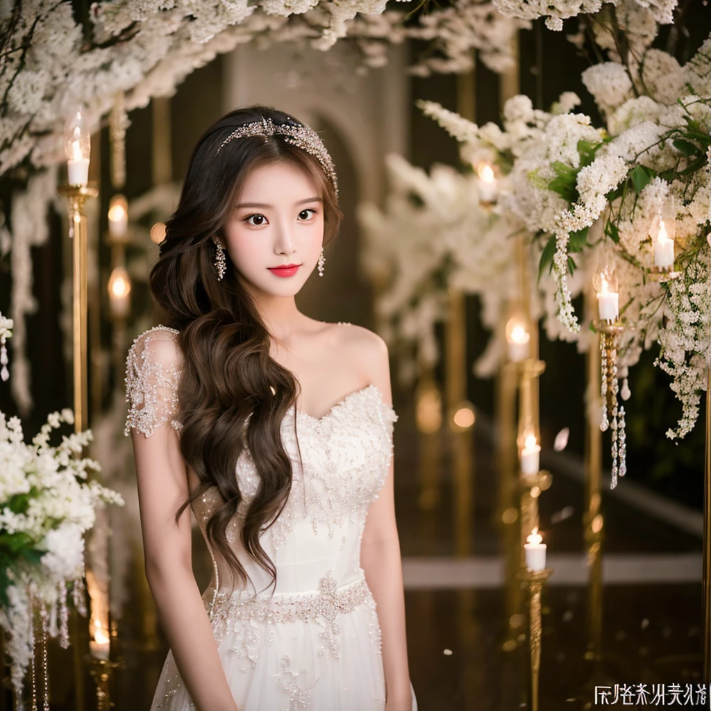 Generate an image of an extraordinarily beautiful 20-year-old Asian woman standing alone, whose beauty rivals that of a goddess of the fire element. She has large brown eyes, dark brown hair, glowing skin, and a captivating appearance. She is wearing a stunning white wedding dress that accentuates her elegance. The woman stands charmingly alone, her beauty appearing as if blessed by nature, in a very romantic and lovely aisle adorned with flowers and soft lighting, exuding a magical and serene atmosphere.