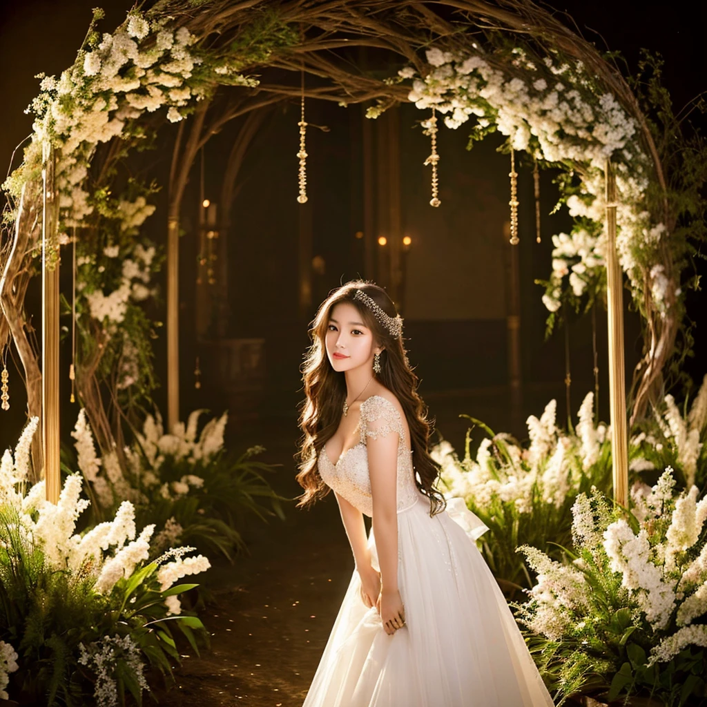 Generate an image of an extraordinarily beautiful 20-year-old Asian woman standing alone, whose beauty rivals that of a goddess of the fire element. She has large brown eyes, dark brown hair, glowing skin, and a captivating appearance. She is wearing a stunning white wedding dress that accentuates her elegance. The woman stands charmingly alone, her beauty appearing as if blessed by nature, in a very romantic and lovely aisle adorned with flowers and soft lighting, exuding a magical and serene atmosphere.