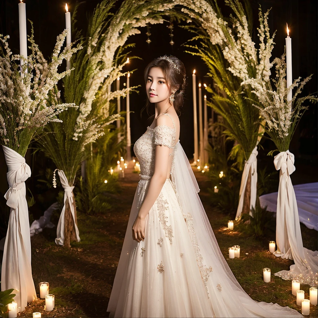 Generate an image of an extraordinarily beautiful 20-year-old Asian woman standing alone, whose beauty rivals that of a goddess of the fire element. She has large brown eyes, dark brown hair, glowing skin, and a captivating appearance. She is wearing a stunning white wedding dress that accentuates her elegance. The woman stands charmingly alone, her beauty appearing as if blessed by nature, in a very romantic and lovely aisle adorned with flowers and soft lighting, exuding a magical and serene atmosphere.