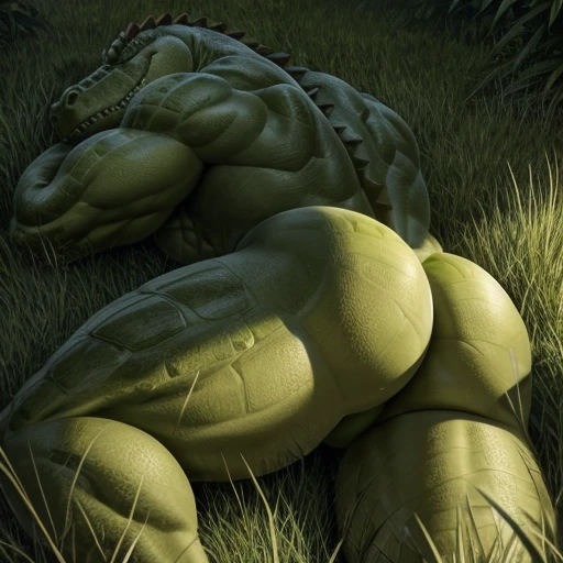 A muscle green male alligator, a muscle green male lizardmen , sleeping showing his green butt on grass, detailed butt, detailed hands