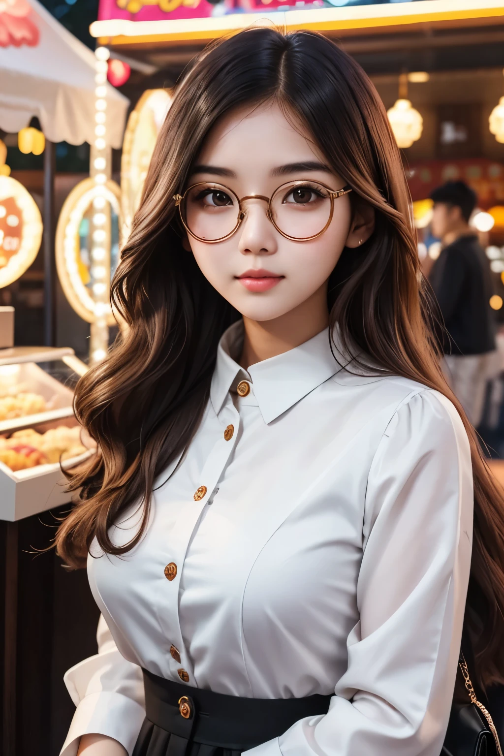 detailed face of photo. 20 year old white skin slim body Indonesian girl with a sweet  face,   round face chubby face and long brown wavy hair, round glasses wearing modern korean style luxury outfits in funfair at night