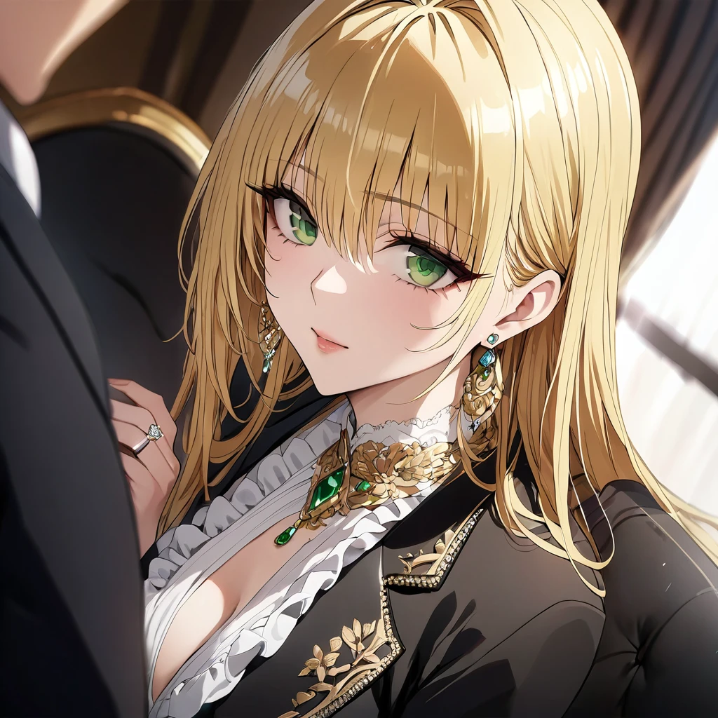 ((Highest quality)), ((masterpiece)), (detailed), （Perfect Face）、The woman is a thief with green eyes and medium-long blonde hair. She is wearing a luxurious black skirt-type suit with gold embroidery and trim, a luxurious and elegant white blouse with frills, jeweled earrings, and an engagement ring.